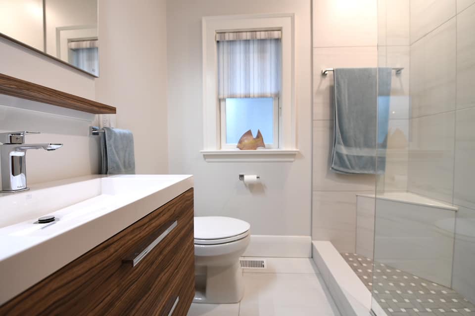 Modern bathroom with large format shower tile