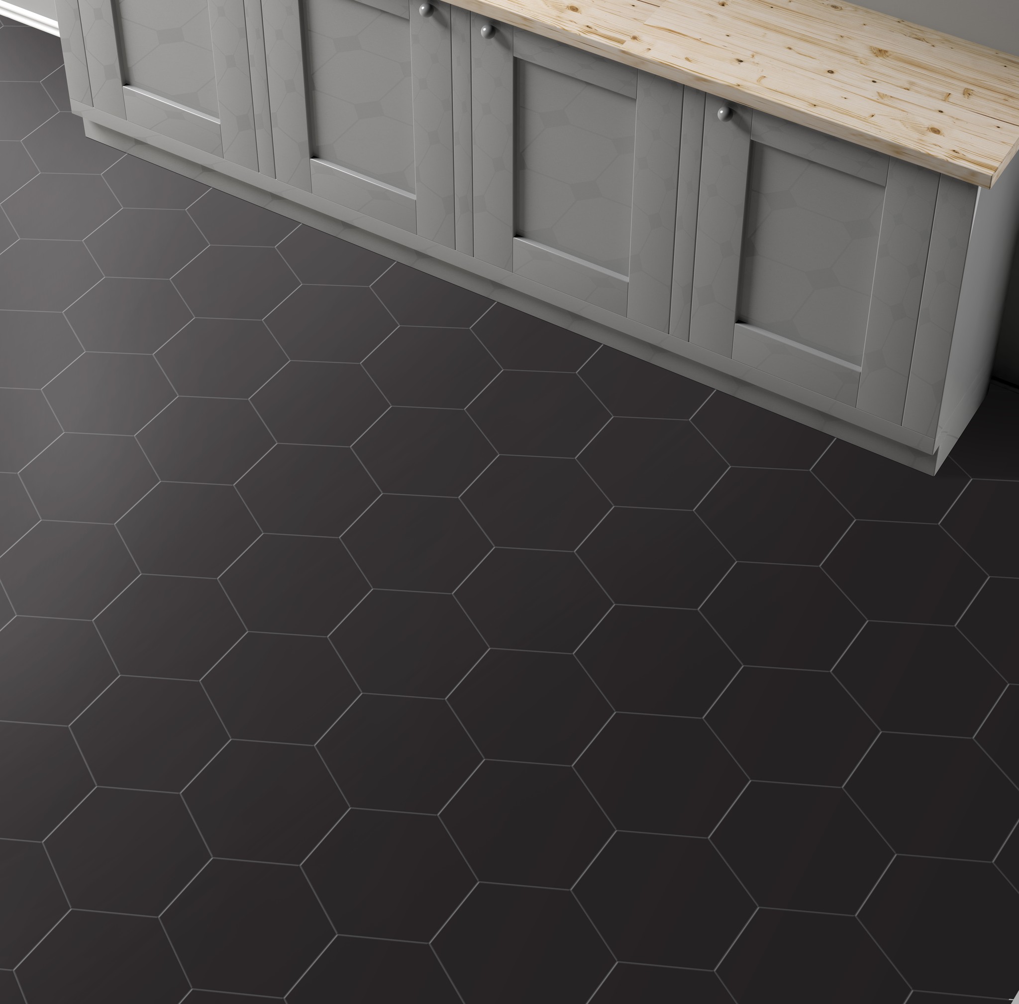 Black hexagon floor tile in kitchen