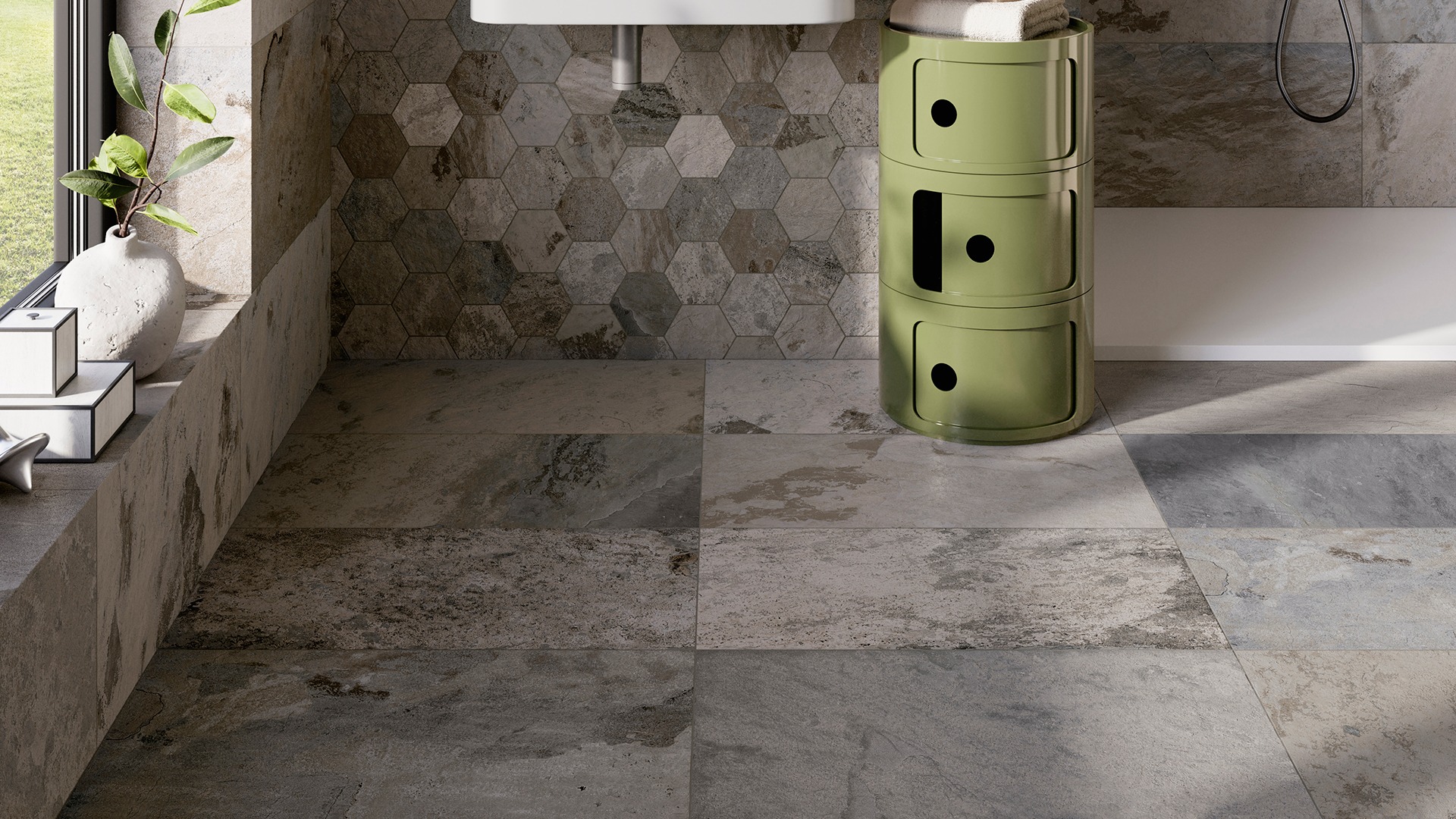 Stone hex wall tile with large format floor