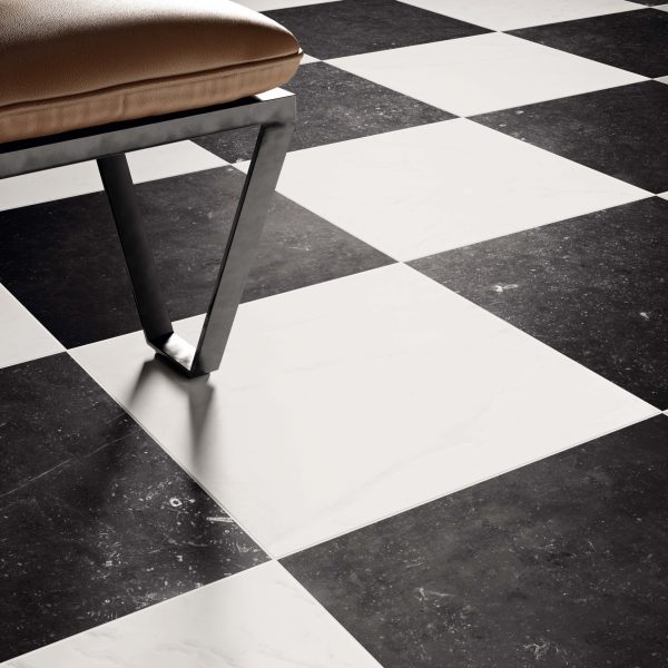 Bold black and white checkerboard large format floor tile